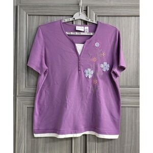 Alfred Dunner Womans Blouse Sz XL Reg Fit Purple Patchwork Flowers Spring Summer